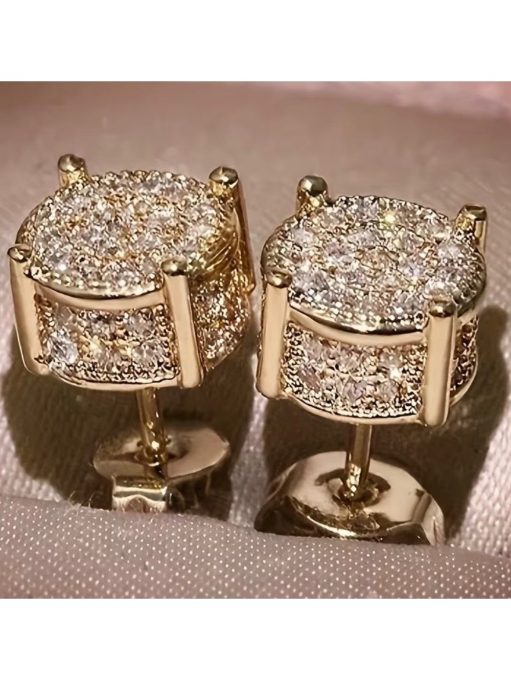 Sparkling Gold Tone Round Pave Crystal Stud Earrings